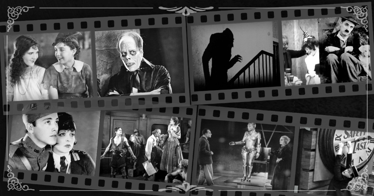 Old film strip collage of silent black and white movies