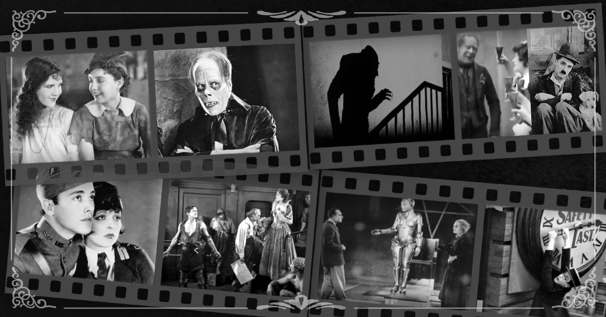 Old film strip collage of silent black and white movies