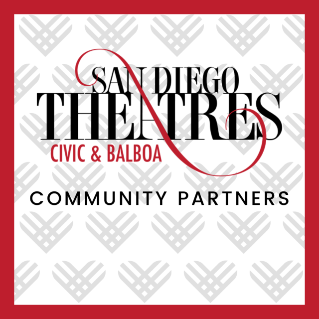 A graphic that reads "San Diego Theatres Community Partners" with a background of light grey Giving Tuesday hearts